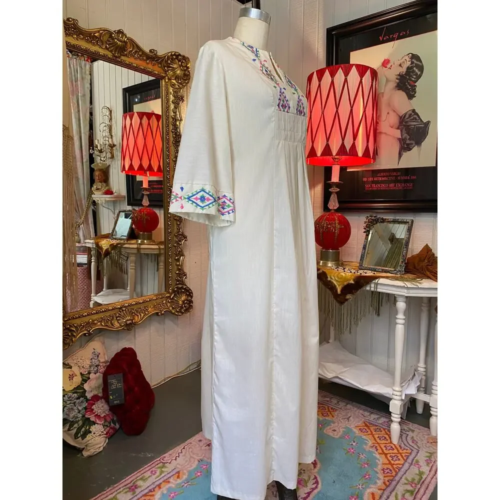 vintage 1970s cotton embroidered kaftan 70s loungewear southwestern maxi dress - Picture 6 of 10